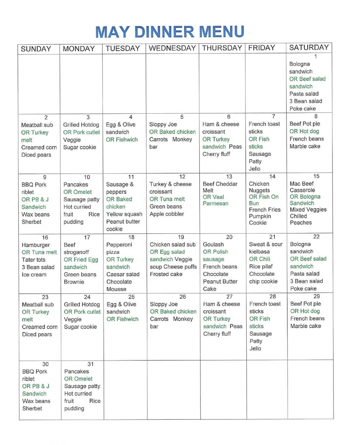 May 2021 - Menu - Massena Rehabilitation and Nursing Center